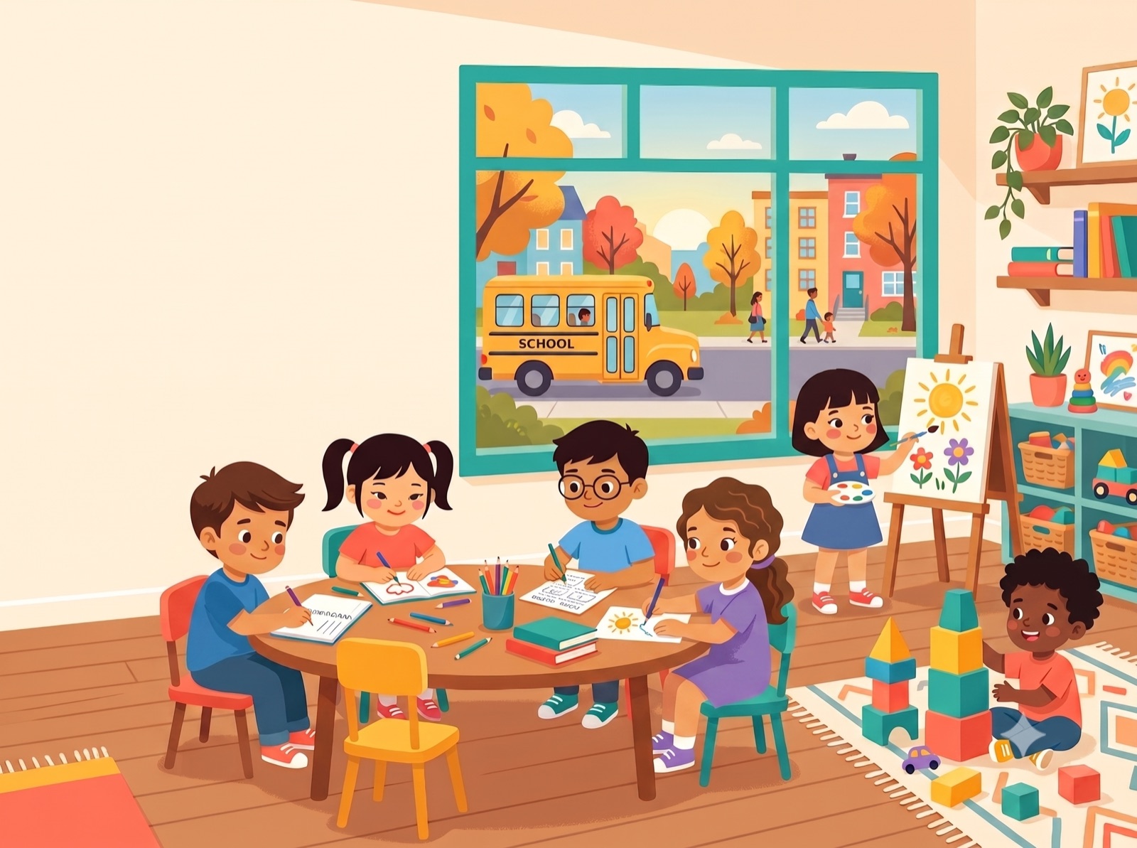 Bambini che fanno i compiti, dipingono e giocano alla ludoteca EgoLandia